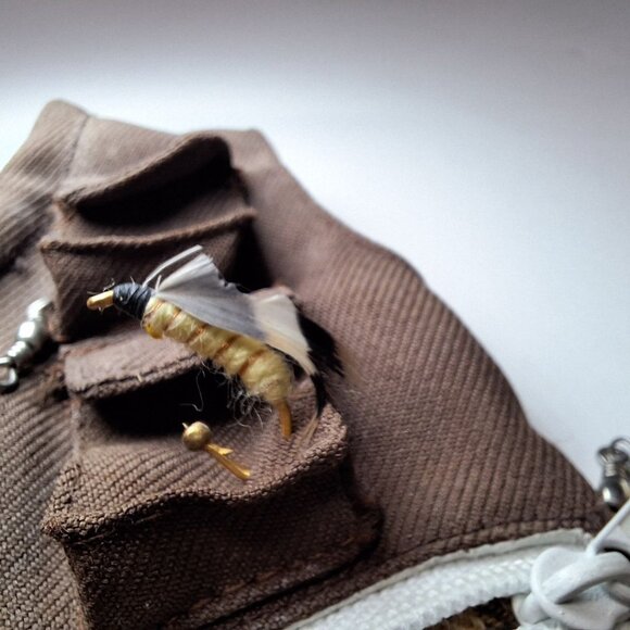 Small Fly Fishing Vest Bear Stuffed Animal Ornament Manly Rugged Zipper Pockets - Picture 4 of 7